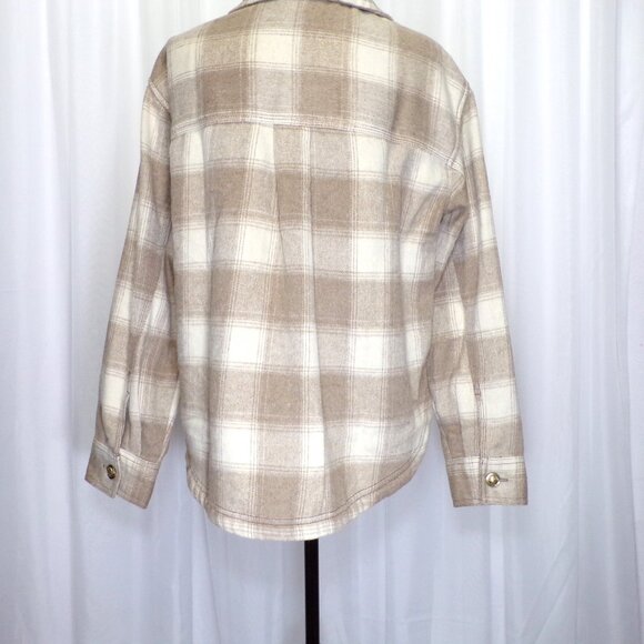AEO American Eagle Fleece Plaid Shacket Womens SM Tan White Oversized Jacket - Picture 9 of 12